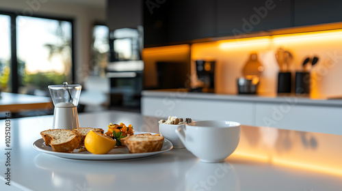 Breakfast plate on modern kitchen table photo