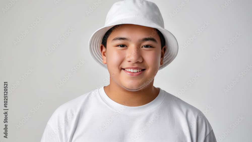 Plus size teenage boy wearing white t-shirt and white bucket hat isolated on grey background Plus size teenage boy wearing white t-shirt and white bucket hat isolated on grey background