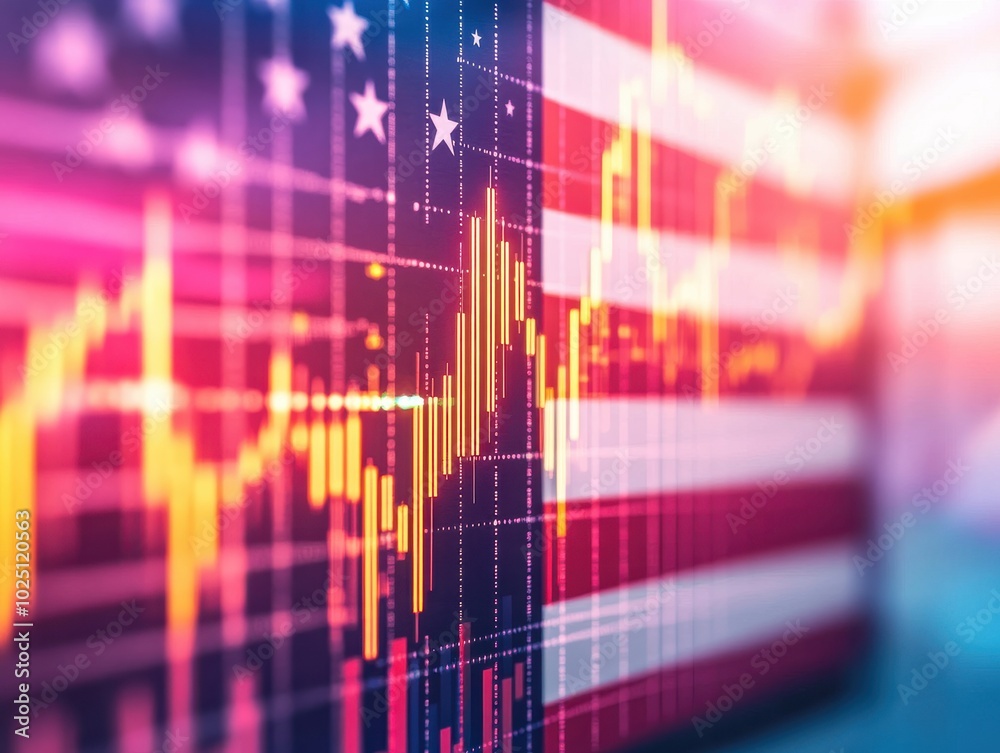 A vibrant stock market analysis chart overlaying the American flag, symbolizing finance and economy in the United States. A vibrant stock market analysis chart overlaying the American flag, symbolizing finance and economy in the United States.