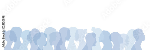 Diverse people banner, blue white crowd cover image with human silhouettes, wide background or footer design
