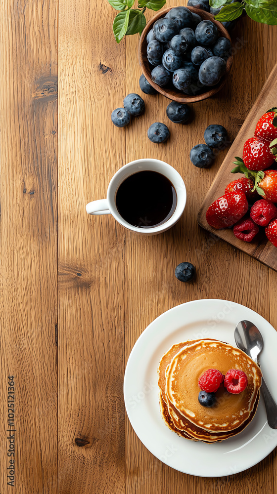 Delicious pancakes with berries and coffee Delicious pancakes with berries and coffee