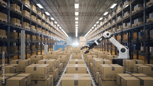 Modern Warehouse Interior with Robotic Arm and Boxes