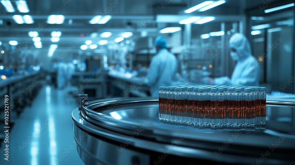 Laboratory technicians working diligently with vials in a sterile environment during nighttime Laboratory technicians working diligently with vials in a sterile environment during nighttime