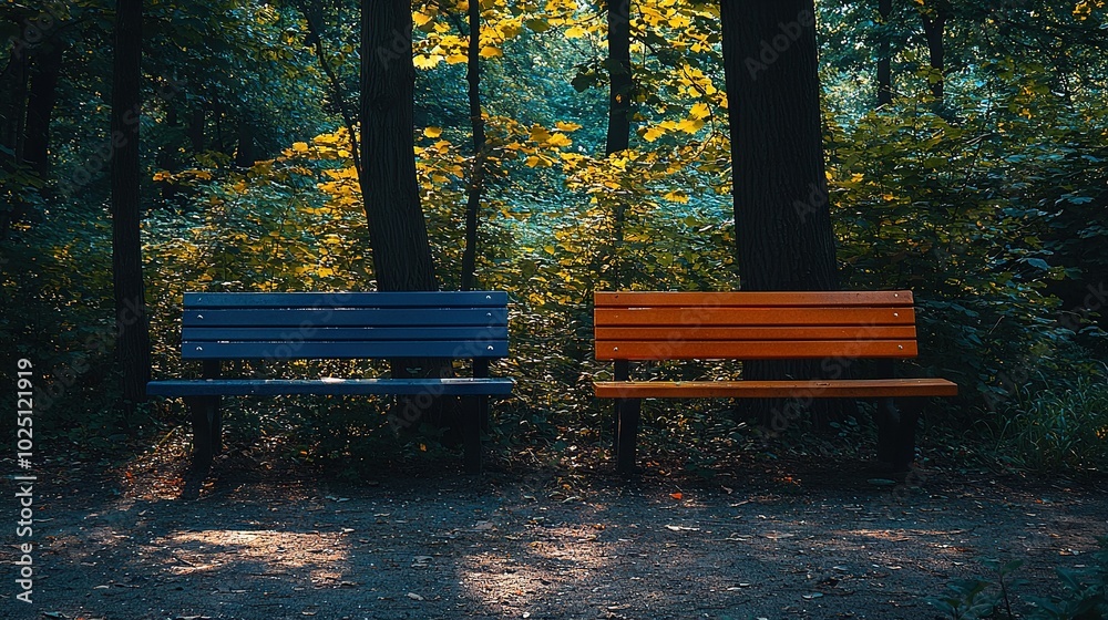 Two park benches sit side-by-side near a lush forest with vibrant green and yellow trees Two park benches sit side-by-side near a lush forest with vibrant green and yellow trees