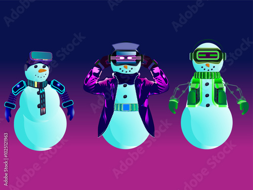 High tech Christmas snowmen in virtual reality glasses and cyberpunk costume with ice lanterns isolated purple background vector illustration