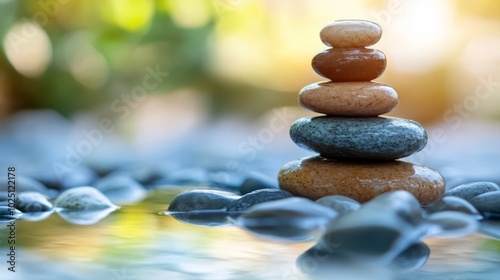 Zen Stones in Serenity: A meticulously balanced stack of smooth, rounded stones rests peacefully in tranquil water, a symbol of inner harmony and balance amidst a backdrop of gentle bokeh. 