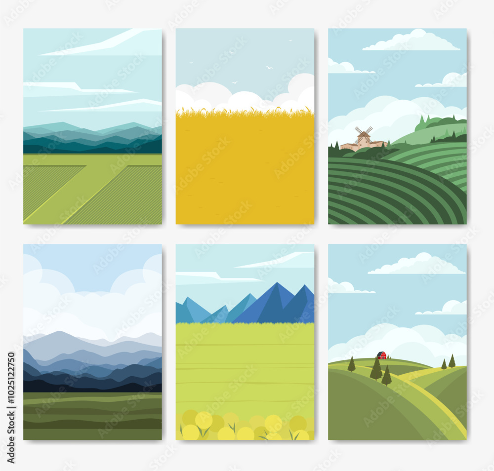 Obraz premium Nature field landscape in harvesting season. Cartoon summer spring autumn scenes with green farmland