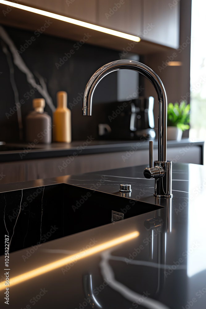 Modern kitchen sink with elegant faucet. Modern kitchen sink with elegant faucet.