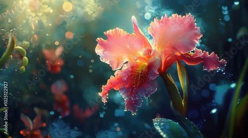  A pink flower close-up, water droplets on petals, flying butterfly in background