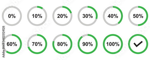 Circle loading or Circular Progress Indicator | Vector Set of percentage chart diagram for infographics 0 10 20 30 40 50 60 70 80 90 100 percent in green and grey color