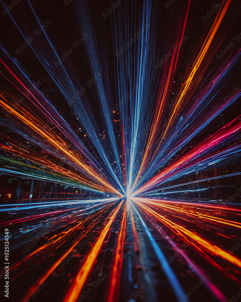 Multicolored laser lights zoom out and reflect and overlap on a black background. Looks surreal. Multicolored laser lights zoom out and reflect and overlap on a black background. Looks surreal.