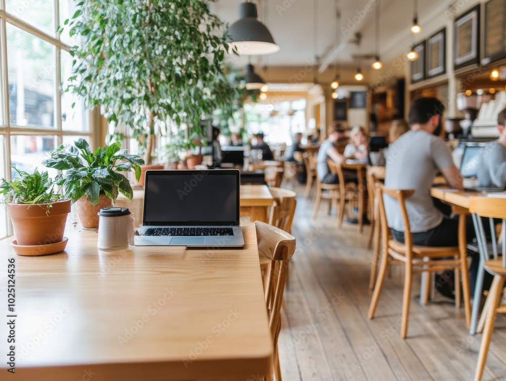 Cozy cafe interior with a laptop on a wooden table, surrounded by plants and diners enjoying their drinks and conversations. Cozy cafe interior with a laptop on a wooden table, surrounded by plants and diners enjoying their drinks and conversations.