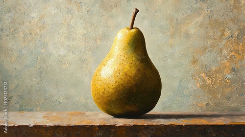   A painting depicts a pear perched on a ledge before a blue mural and green backdrop
