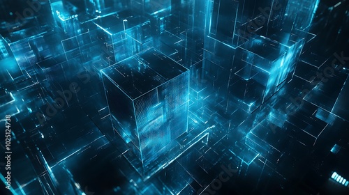 Cyber network architecture in a blue hologram style with glowing futuristic elements.