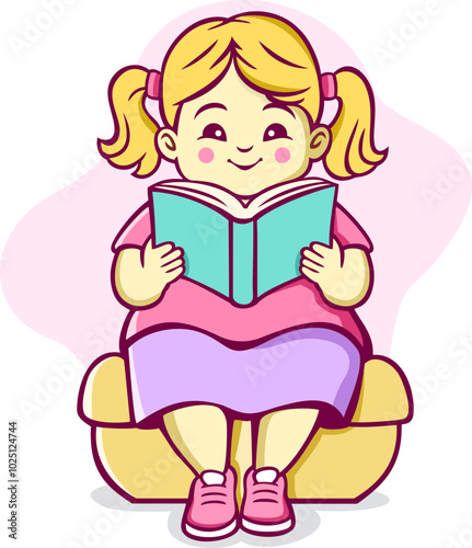 Cute Little Girl Reading Book Cartoon Illustration