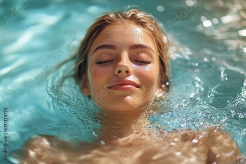 Young woman relaxing in water with peaceful expression