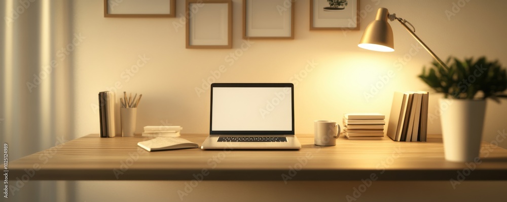 Cozy workspace featuring a laptop, stationery, and warm lighting, perfect for productivity and creativity in a modern setting. Cozy workspace featuring a laptop, stationery, and warm lighting, perfect for productivity and creativity in a modern setting.