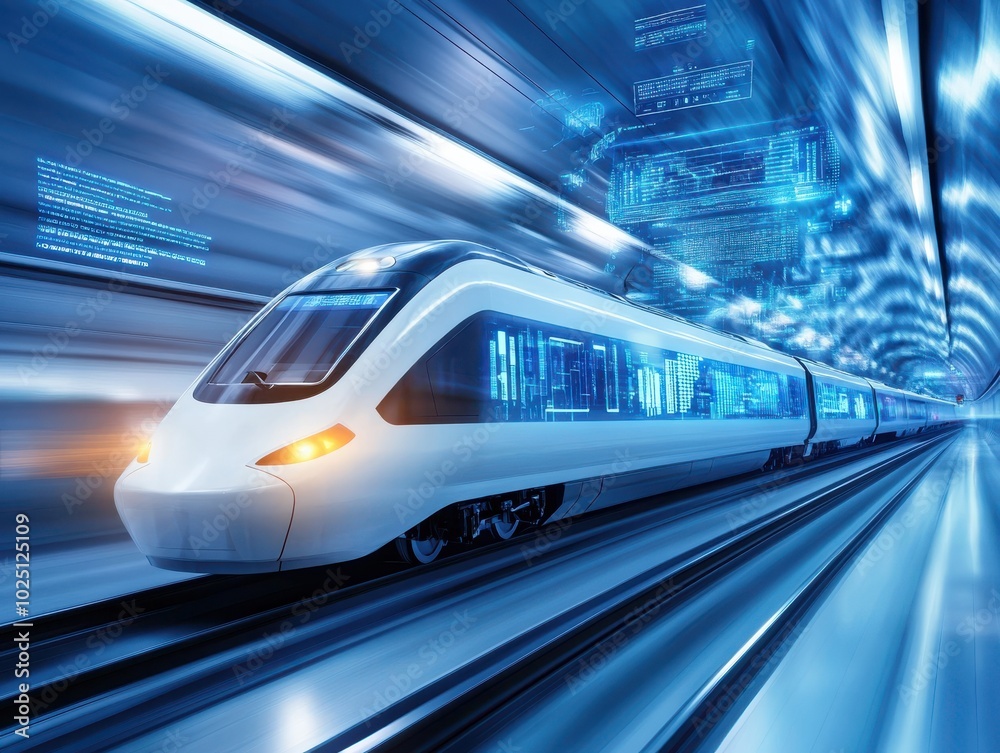 Futuristic train speeding through a high-tech tunnel, showcasing advanced transportation and modern engineering. Futuristic train speeding through a high-tech tunnel, showcasing advanced transportation and modern engineering.