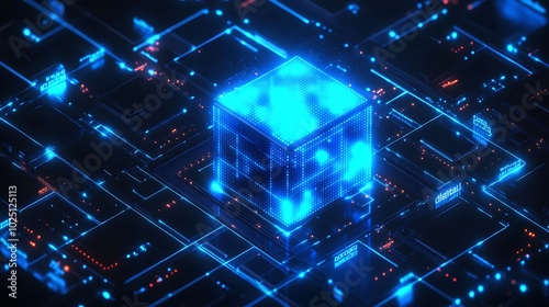 Blue glowing blocks on black, showing digital finance symbols in a futuristic isometric view.