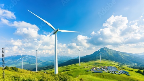 Vibrant landscape featuring wind turbines on green hills, capturing renewable energy under a bright blue sky with fluffy clouds.