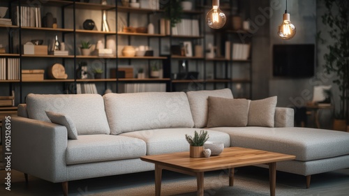 Wallpaper Mural Cozy living room with a modern sofa, wooden table, and stylish decor, perfect for relaxation and gatherings. Torontodigital.ca