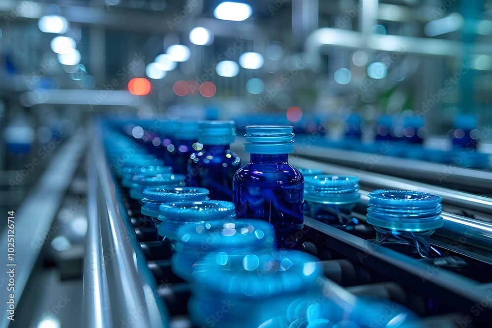 Blue Bottles on a Production Line in a Modern Factory Blue Bottles on a Production Line in a Modern Factory