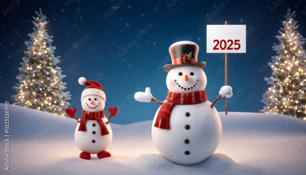 Friendly snowman in a winter wonderland with a '2025' sign, celebrating the New Year in front of twinkling Christmas lights and snow-covered trees Friendly snowman in a winter wonderland with a '2025' sign, celebrating the New Year in front of twinkling Christmas lights and snow-covered trees
