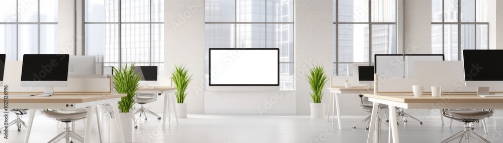 Fototapeta premium Modern office workspace featuring sleek computers, bright windows, and lush plants for a professional atmosphere.
