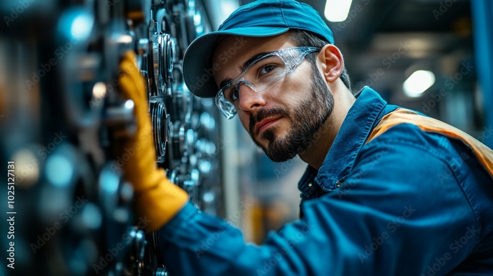 A man wearing a blue shirt and glasses operates a machine in a workshop setting. A man wearing a blue shirt and glasses operates a machine in a workshop setting.