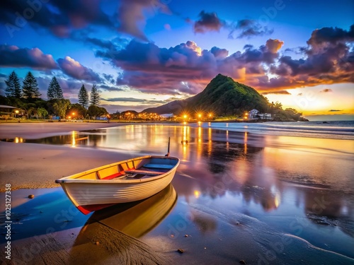 Dinghy on Sand at Low Tide with Mount Maunganui in the Background - Scenic Coastal View of New photo