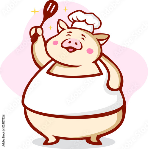 Funny Fat Pig Chef Cartoon Illustration