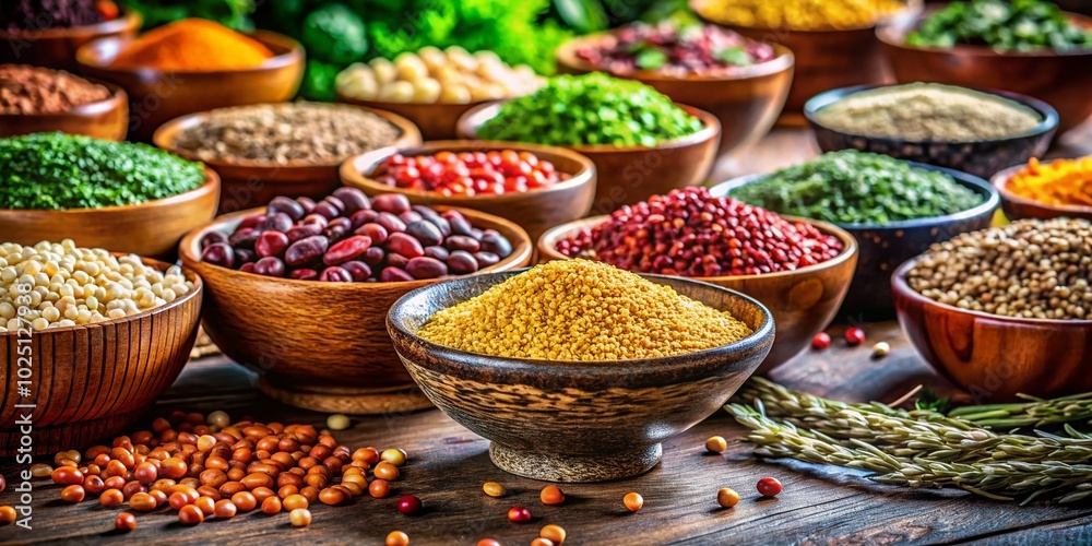Fototapeta premium Discover Different Types of Groats in Bowls for Healthy Nutrition and Balanced Diet Close-Up Food Photography