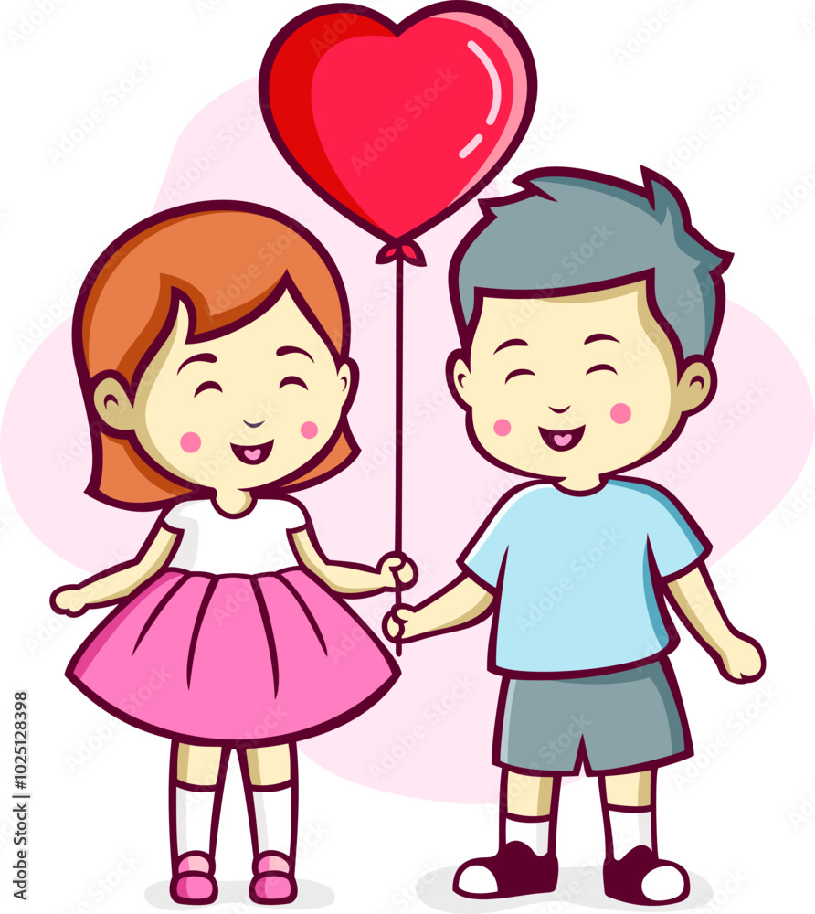 Kids Holding Love Balloon Cartoon Illustration Kids Holding Love Balloon Cartoon Illustration