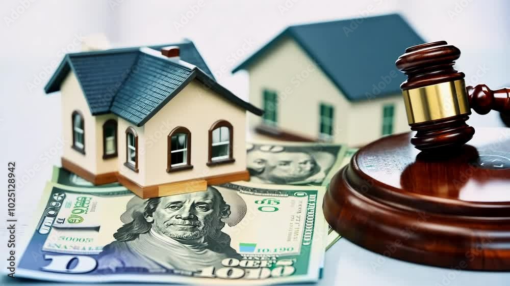 A model house sitting on top of a stack of dollar bills, with a judge's gavel, representing real estate, law, and financial investment. Perfect for legal or property themes. A model house sitting on top of a stack of dollar bills, with a judge's gavel, representing real estate, law, and financial investment. Perfect for legal or property themes.