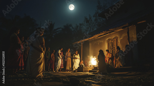 Sharad Purnima, a full moon night in an Indian village, women wearing sparkling white sarees, gather around a small temple to perform an offering ceremony under the bright moonlight