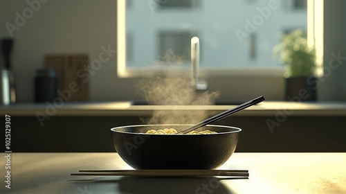  A noodle bowl with chopsticks protruding atop a table, near a window