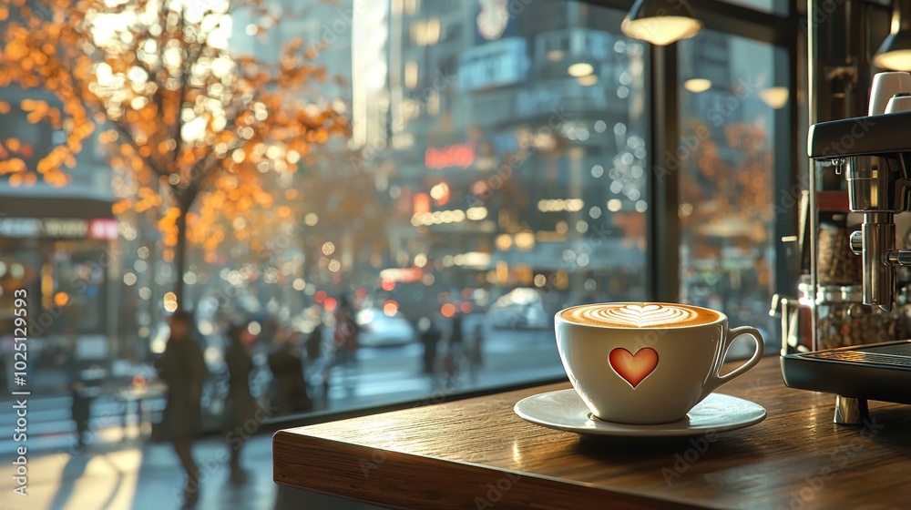 Cuppuccino with heart-drawn design sits on table near window Cuppuccino with heart-drawn design sits on table near window