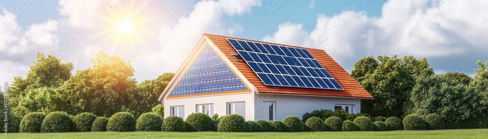 Fototapeta premium Modern house with solar panels on roof, surrounded by greenery, showcasing renewable energy and sustainable living in bright sunlight.