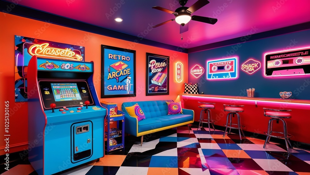 Retro game room design with poster frame Retro game room design with poster frame