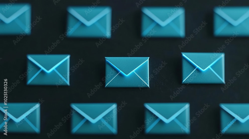 Fast and Modern Email Marketing Represented by Glowing Blue Envelopes on Dark Background Fast and Modern Email Marketing Represented by Glowing Blue Envelopes on Dark Background