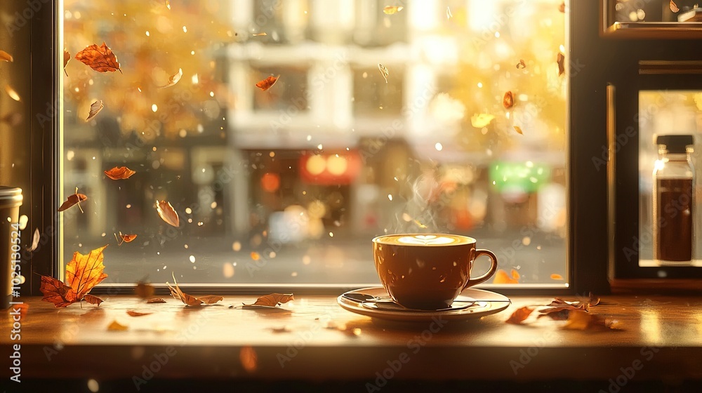   Autumn leaves adorn window sill while steaming cup of coffee sits on saucer by window