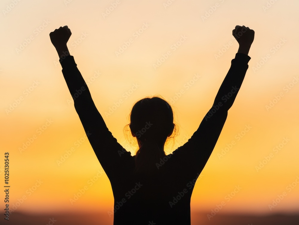 Fototapeta premium Silhouette of a person celebrating against a vibrant sunset, embodying triumph and joy in a moment of success.