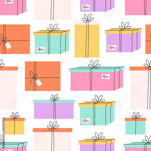 Seamless pattern with colorful gift boxes. Birthday gifts, presents. Vector illustration in flat style