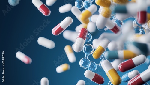 Visualization of combinatorial chemistry, with numerous colorful drug molecules dynamically interacting, merging, or splitting, representing potential compound variations photo