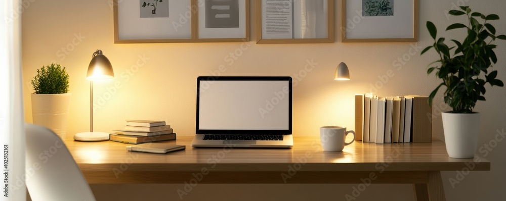 Modern workspace with a laptop, books, and plants bathed in warm light, creating a cozy and productive atmosphere. Modern workspace with a laptop, books, and plants bathed in warm light, creating a cozy and productive atmosphere.