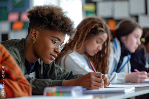 Diverse group of students working on a school project