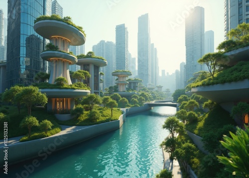 Canal flowing through a futuristic city center with green architecture photo