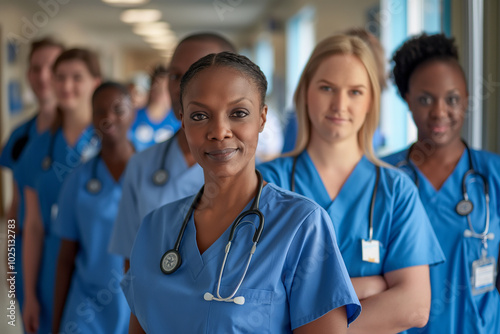 A diverse team of healthcare workers in a hospital