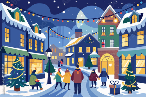 Un grupo de personas camina por una calle decorada con luces navideñas, rodeados de árboles adornados y nieve.
