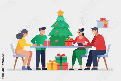 Una familia reunida alrededor de la mesa junto al árbol de Navidad, intercambiando regalos y disfrutando de la celebración.
